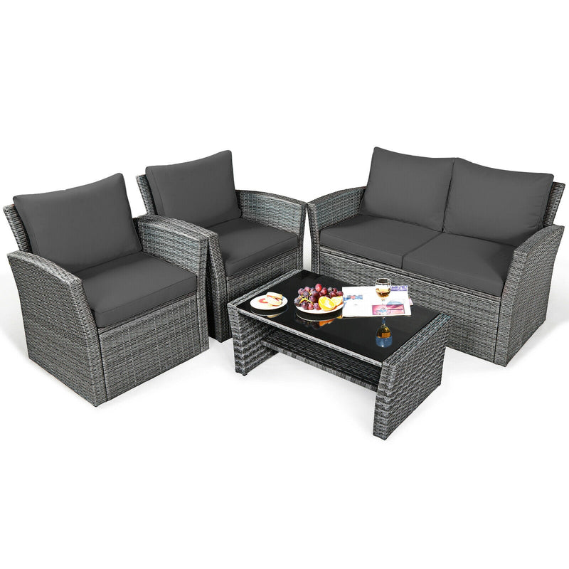 *4 Pieces Patio Rattan Furniture Set Sofa Table with Storage Shelf Cushion - Gray