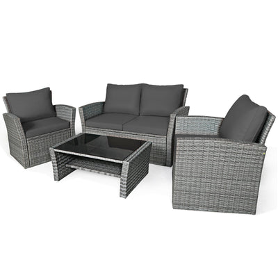 *4 Pieces Patio Rattan Furniture Set Sofa Table with Storage Shelf Cushion - Gray