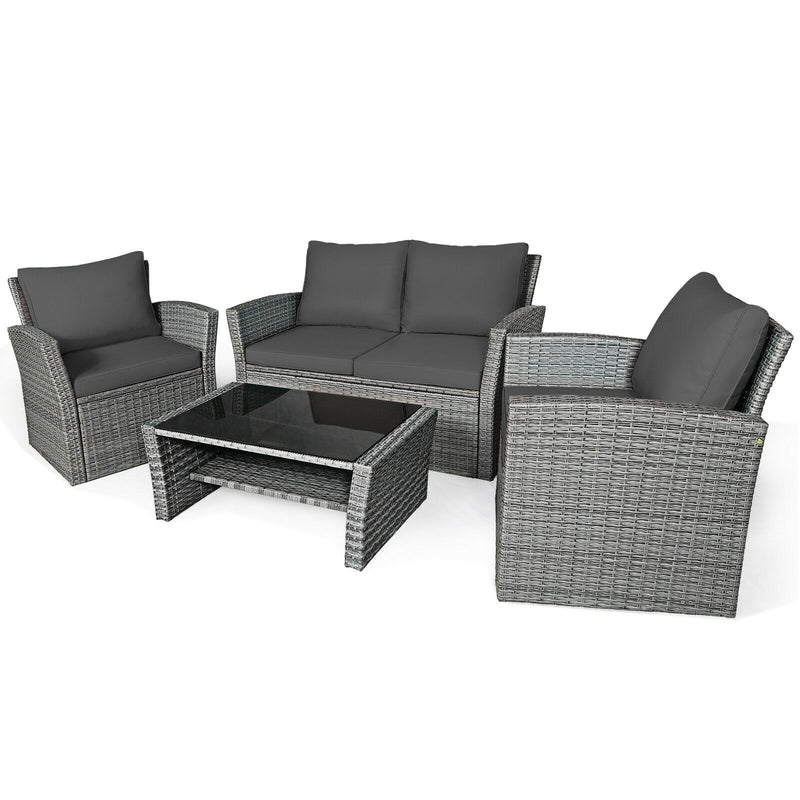 *4 Pieces Patio Rattan Furniture Set Sofa Table with Storage Shelf Cushion - Gray