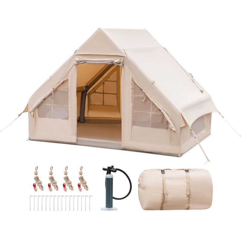 *Inflatable Camping Tent 2/4/6 People Glamping Tent for Family Camping with Pump - Beige