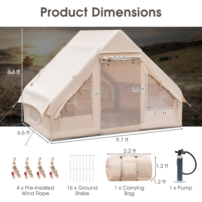 *Inflatable Camping Tent 2/4/6 People Glamping Tent for Family Camping with Pump - Beige