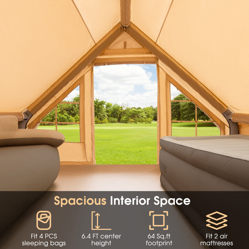 *Inflatable Camping Tent 2/4/6 People Glamping Tent for Family Camping with Pump - Beige