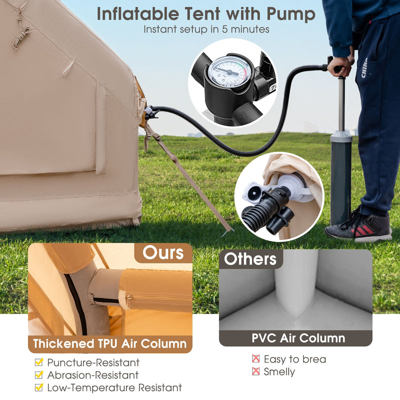 *Inflatable Camping Tent 2/4/6 People Glamping Tent for Family Camping with Pump - Beige