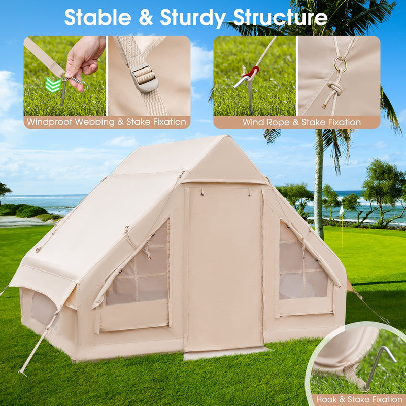 *Inflatable Camping Tent 2/4/6 People Glamping Tent for Family Camping with Pump - Beige