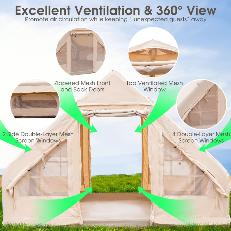 *Inflatable Camping Tent 2/4/6 People Glamping Tent for Family Camping with Pump - Beige