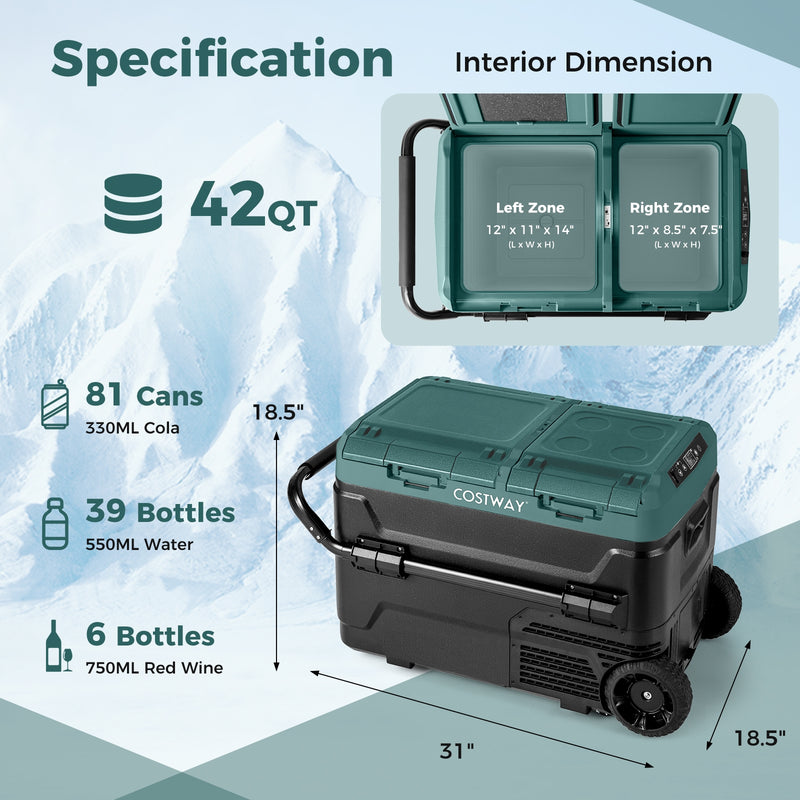 *Dual Zone 12V 42QT Car Refrigerator with Wheels - Green