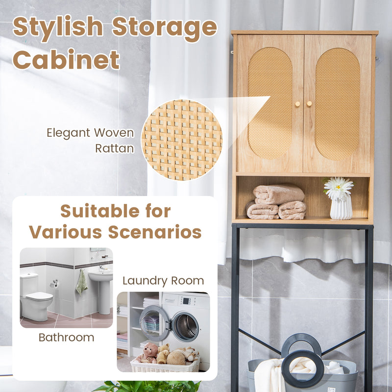 Over The Toilet Storage Cabinet with Rattan Doors and Shelves-Natural