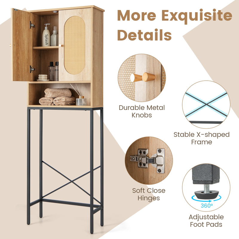 Over The Toilet Storage Cabinet with Rattan Doors and Shelves-Natural