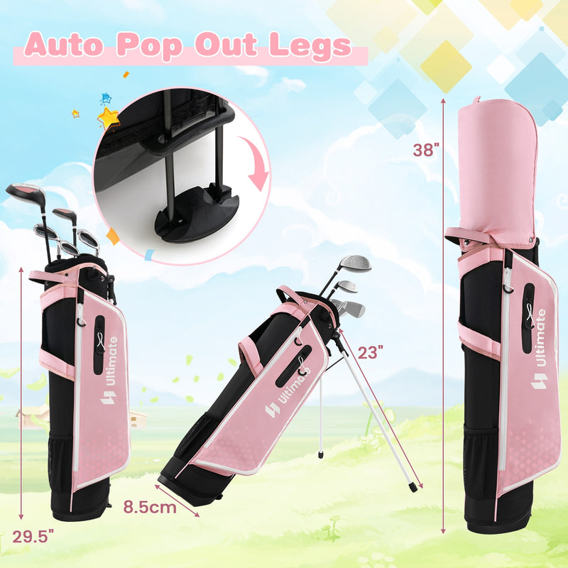 Junior Complete Golf Club Set with Stand Bag Rain Hood-Pink