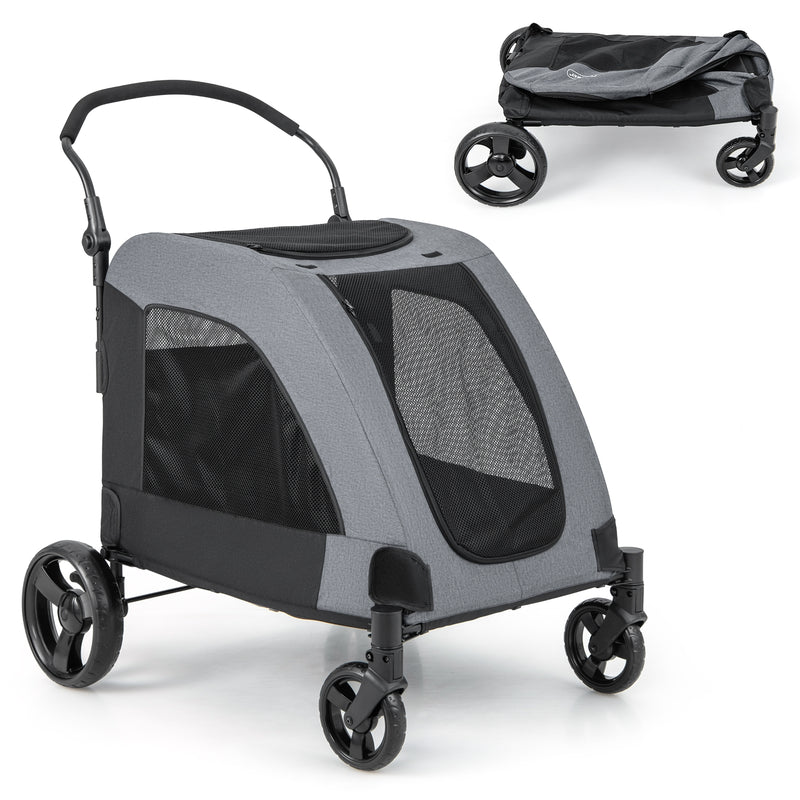 4 Wheels Extra Large Dog Stroller Foldable Pet Stroller with Dual Entry-Gray