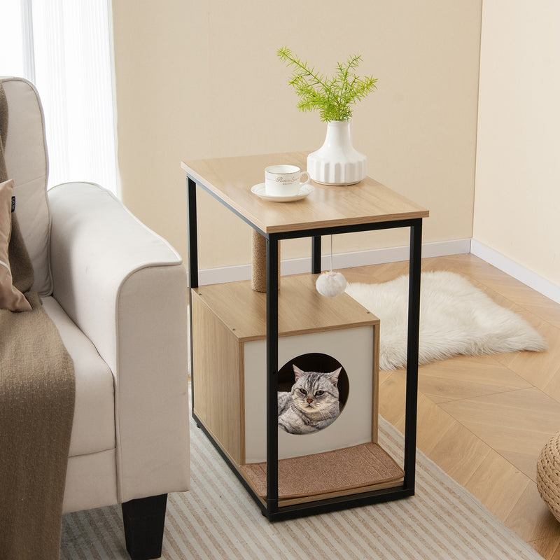 *Cat Furniture End Table Cat House with Scratching Post - Natural