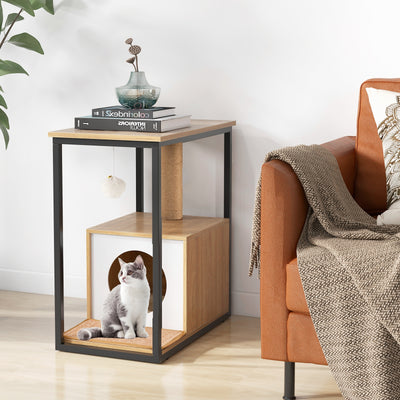 *Cat Furniture End Table Cat House with Scratching Post - Natural