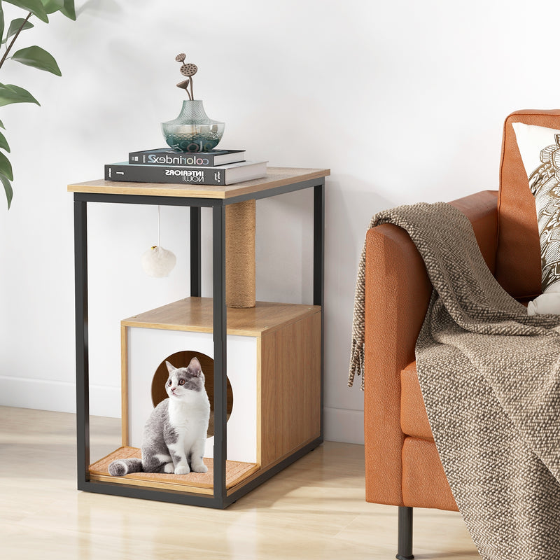 *Cat Furniture End Table Cat House with Scratching Post - Natural