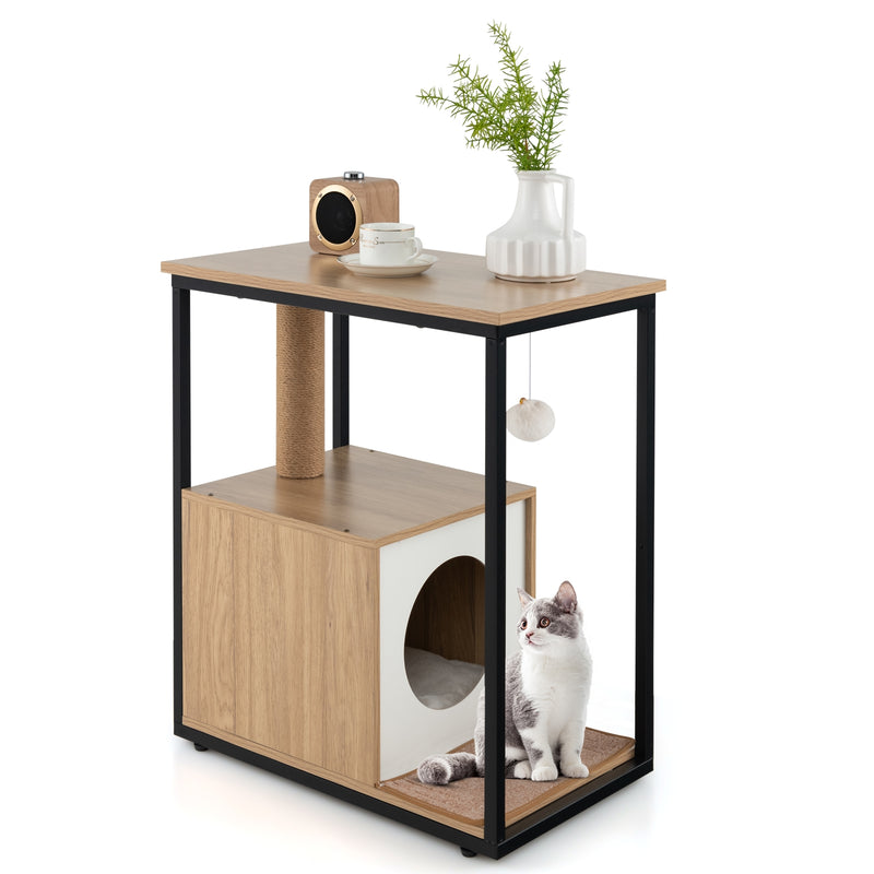 *Cat Furniture End Table Cat House with Scratching Post - Natural