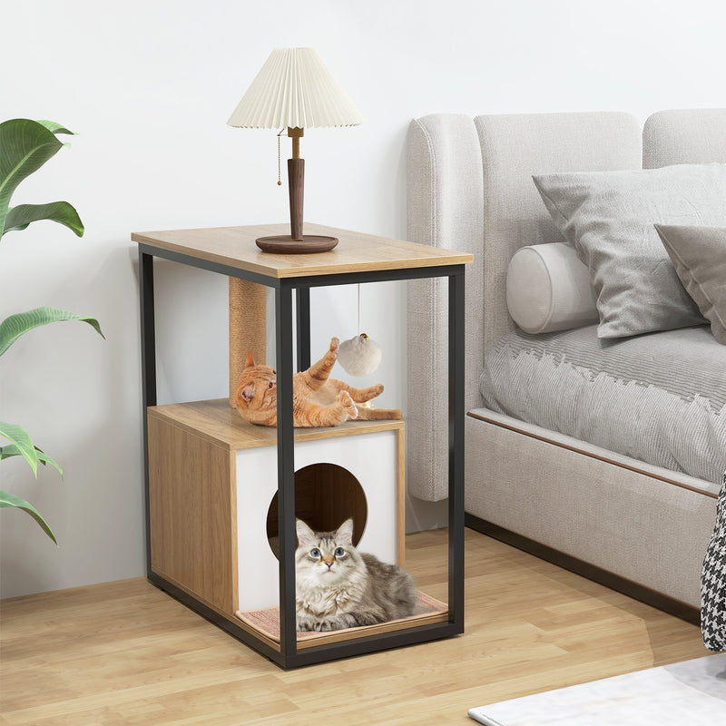 *Cat Furniture End Table Cat House with Scratching Post - Natural