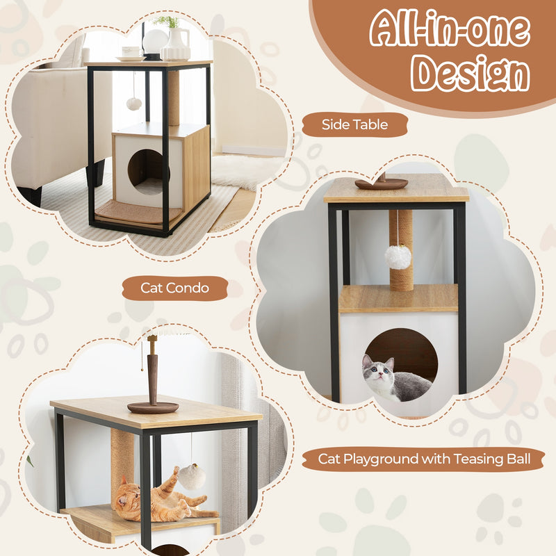 *Cat Furniture End Table Cat House with Scratching Post - Natural