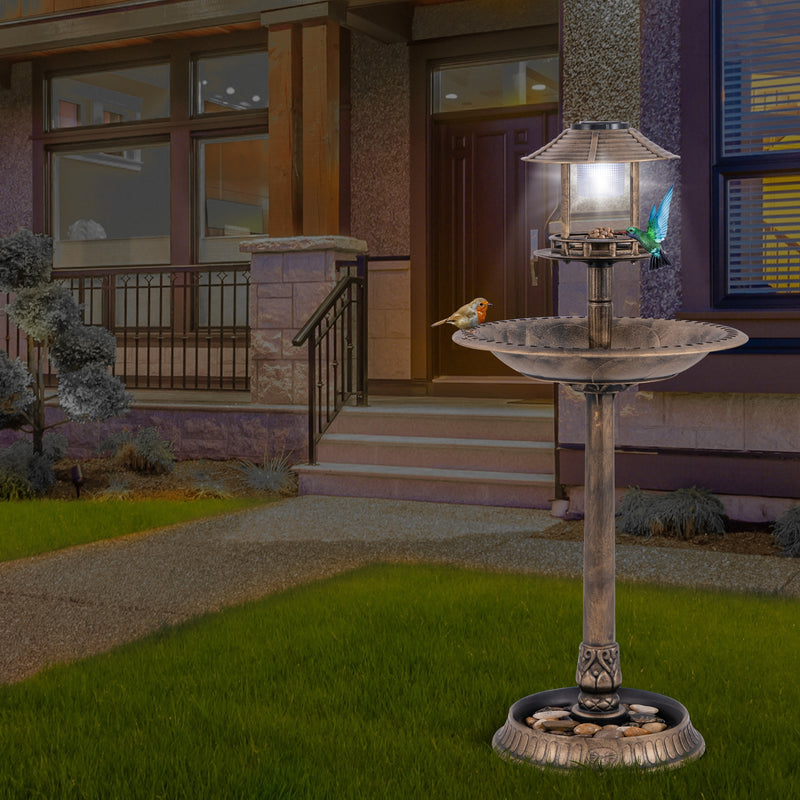 *Pedestal Bird Bath with Solar Light with Bird Feeder and Flower Planter - Bronze