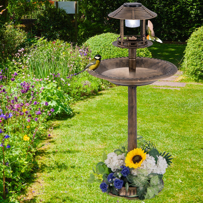 *Pedestal Bird Bath with Solar Light with Bird Feeder and Flower Planter - Bronze