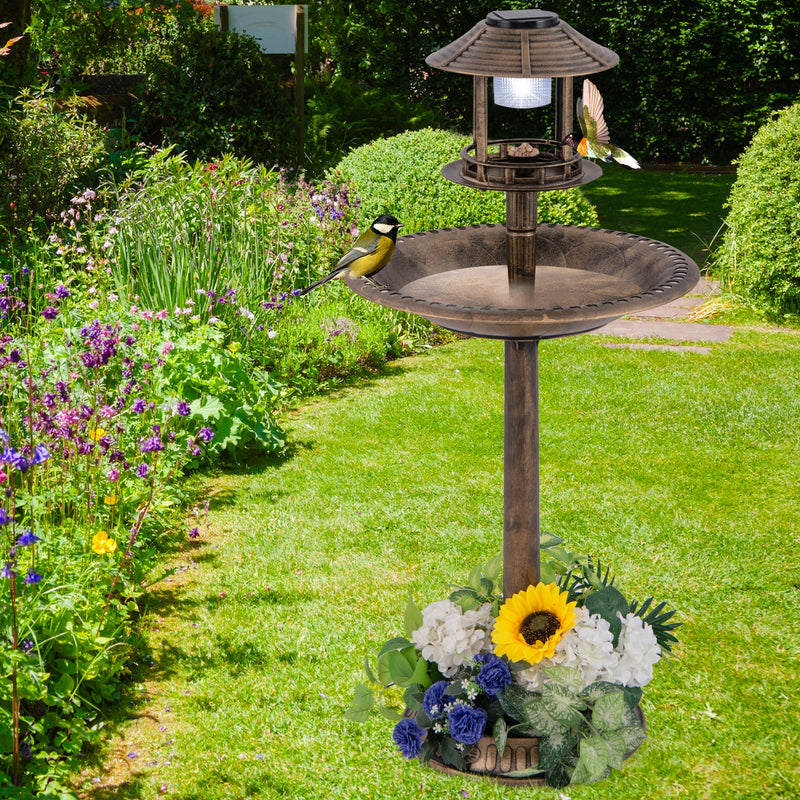 *Pedestal Bird Bath with Solar Light with Bird Feeder and Flower Planter - Bronze