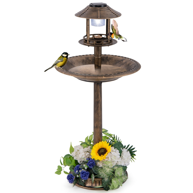 *Pedestal Bird Bath with Solar Light with Bird Feeder and Flower Planter - Bronze