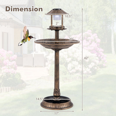 *Pedestal Bird Bath with Solar Light with Bird Feeder and Flower Planter - Bronze