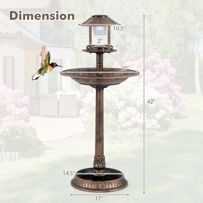 *Pedestal Bird Bath with Solar Light with Bird Feeder and Flower Planter - Bronze