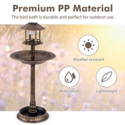 *Pedestal Bird Bath with Solar Light with Bird Feeder and Flower Planter - Bronze
