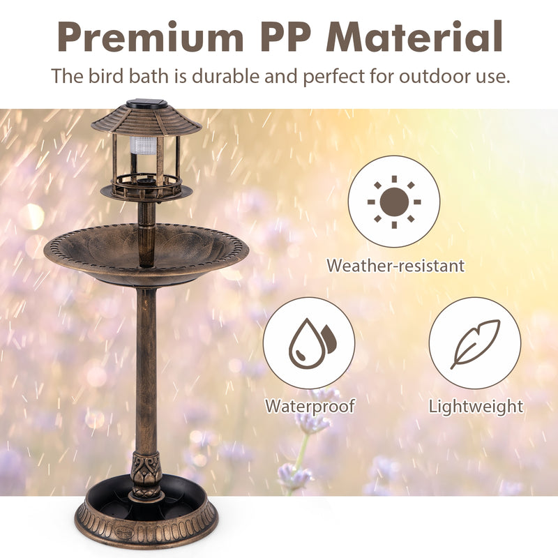 *Pedestal Bird Bath with Solar Light with Bird Feeder and Flower Planter - Bronze