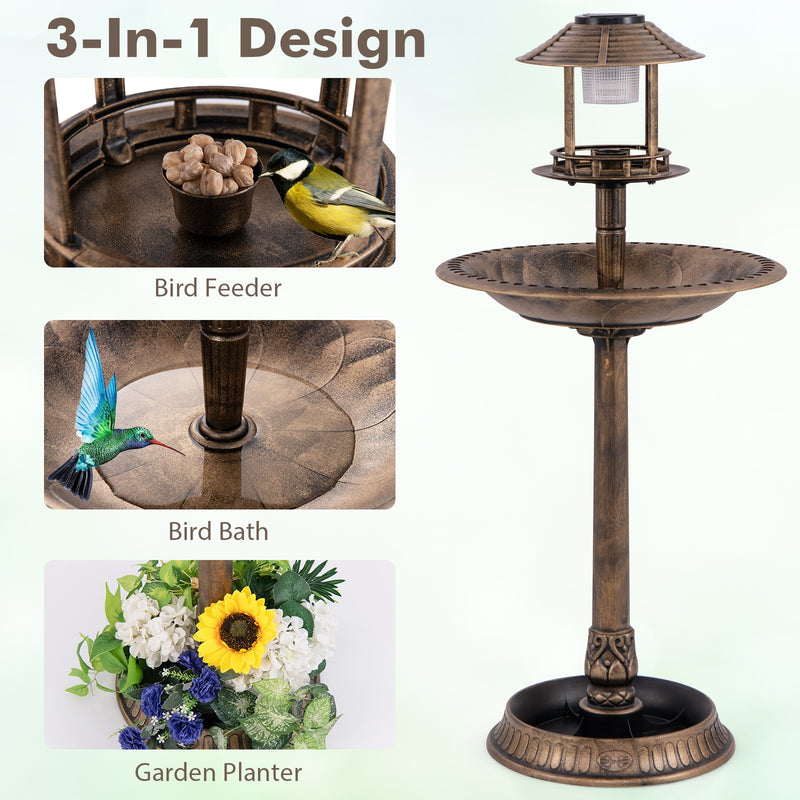 *Pedestal Bird Bath with Solar Light with Bird Feeder and Flower Planter - Bronze