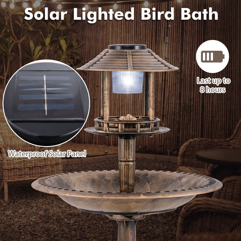 *Pedestal Bird Bath with Solar Light with Bird Feeder and Flower Planter - Bronze