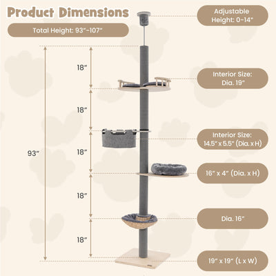 *Floor to Ceiling Cat Tree with 93 Inch-107 Inch Adjustable Height - Gray