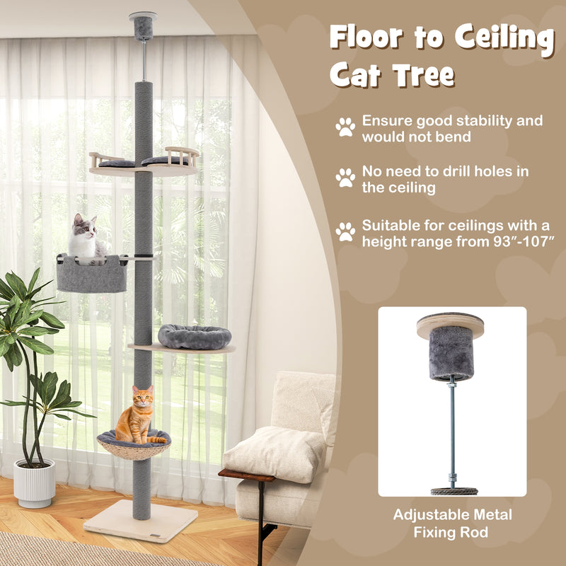 *Floor to Ceiling Cat Tree with 93 Inch-107 Inch Adjustable Height - Gray