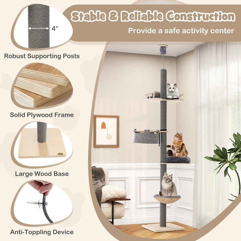 *Floor to Ceiling Cat Tree with 93 Inch-107 Inch Adjustable Height - Gray