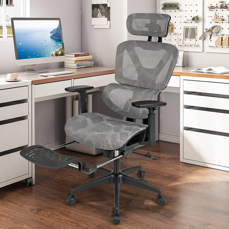 *Mesh Office Chair with Tilting Backrest and Retractable Footrest - Gray