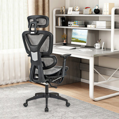 *Mesh Office Chair with Tilting Backrest and Retractable Footrest - Gray