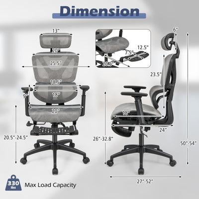 *Mesh Office Chair with Tilting Backrest and Retractable Footrest - Gray