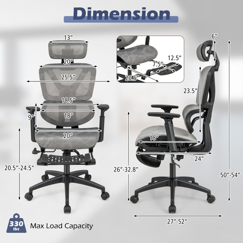 *Mesh Office Chair with Tilting Backrest and Retractable Footrest - Gray