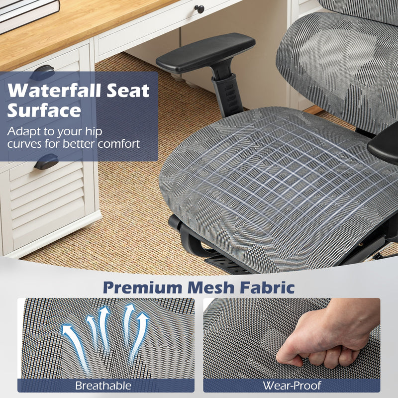 *Mesh Office Chair with Tilting Backrest and Retractable Footrest - Gray
