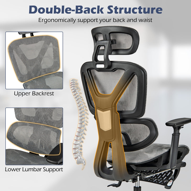 *Mesh Office Chair with Tilting Backrest and Retractable Footrest - Gray