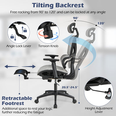 *Mesh Office Chair with Tilting Backrest and Retractable Footrest - Gray
