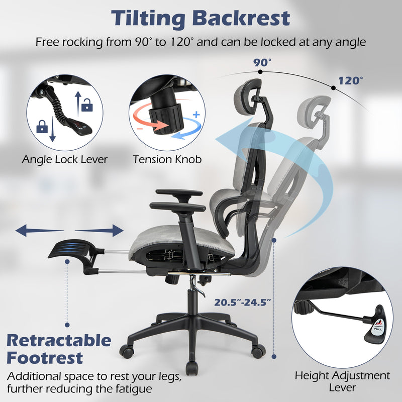 *Mesh Office Chair with Tilting Backrest and Retractable Footrest - Gray