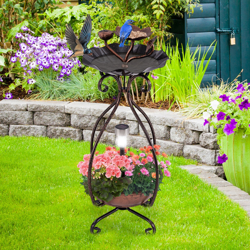 *Solar Outdoor Bird Bath Feeder Combo with Flower Planter Pedestal and Solar Lights - Copper