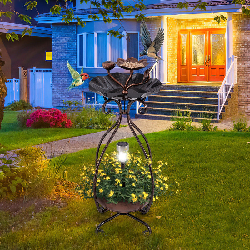 *Solar Outdoor Bird Bath Feeder Combo with Flower Planter Pedestal and Solar Lights - Copper