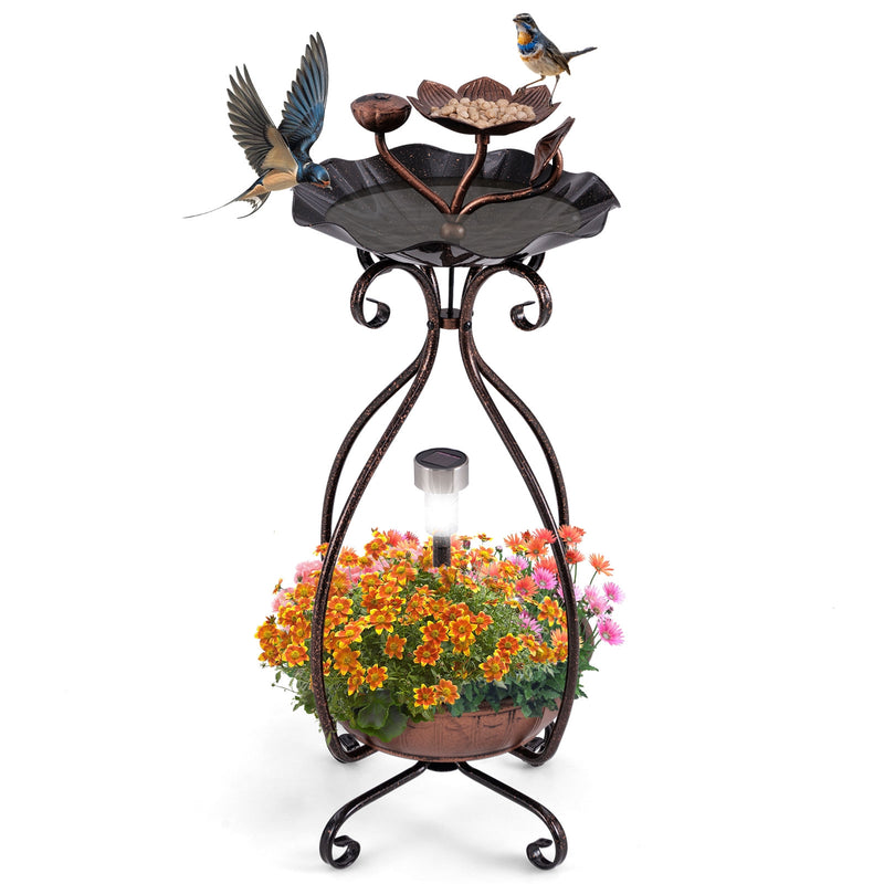 *Solar Outdoor Bird Bath Feeder Combo with Flower Planter Pedestal and Solar Lights - Copper