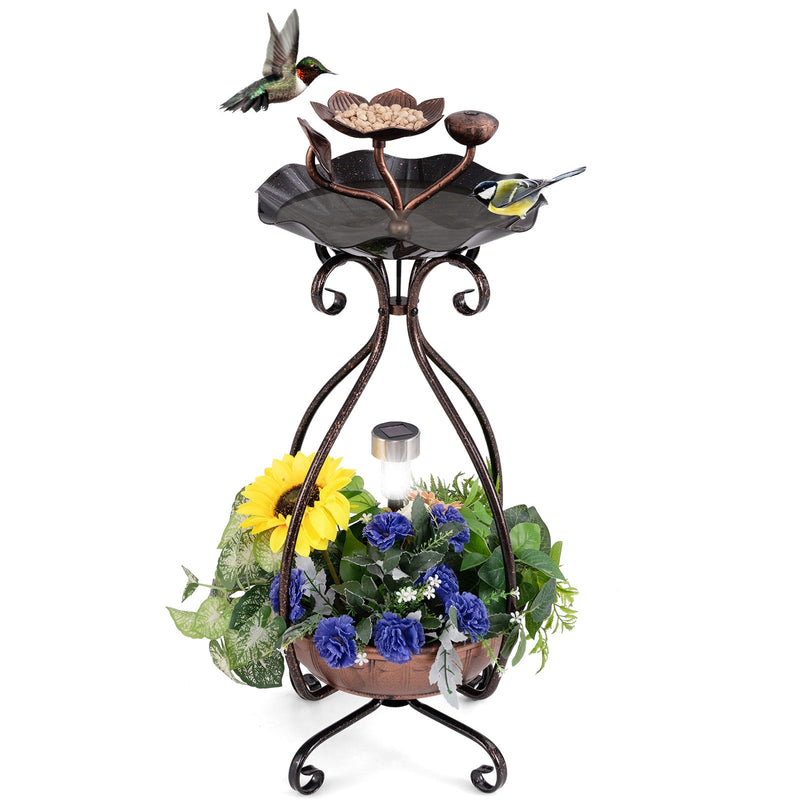 *Solar Outdoor Bird Bath Feeder Combo with Flower Planter Pedestal and Solar Lights - Copper