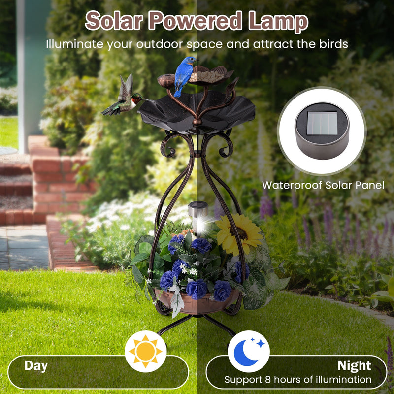 *Solar Outdoor Bird Bath Feeder Combo with Flower Planter Pedestal and Solar Lights - Copper