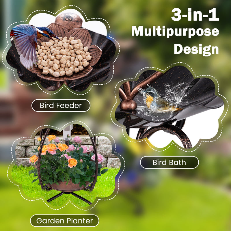 *Solar Outdoor Bird Bath Feeder Combo with Flower Planter Pedestal and Solar Lights - Copper