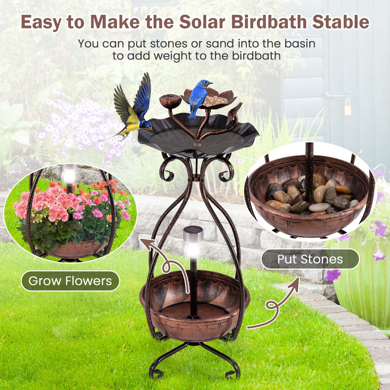 *Solar Outdoor Bird Bath Feeder Combo with Flower Planter Pedestal and Solar Lights - Copper