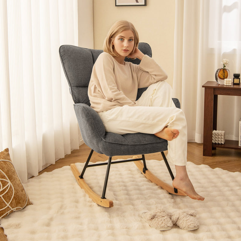 Linen Nursery Rocking Chair with High Backrest and Padded Armrests-Gray