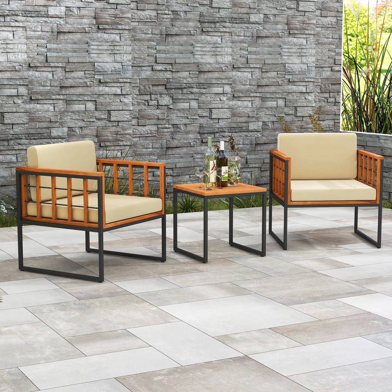 *3 Pieces Patio Chair Set Acacia Wood Outdoor Sofa Set with Soft Cushions - Beige